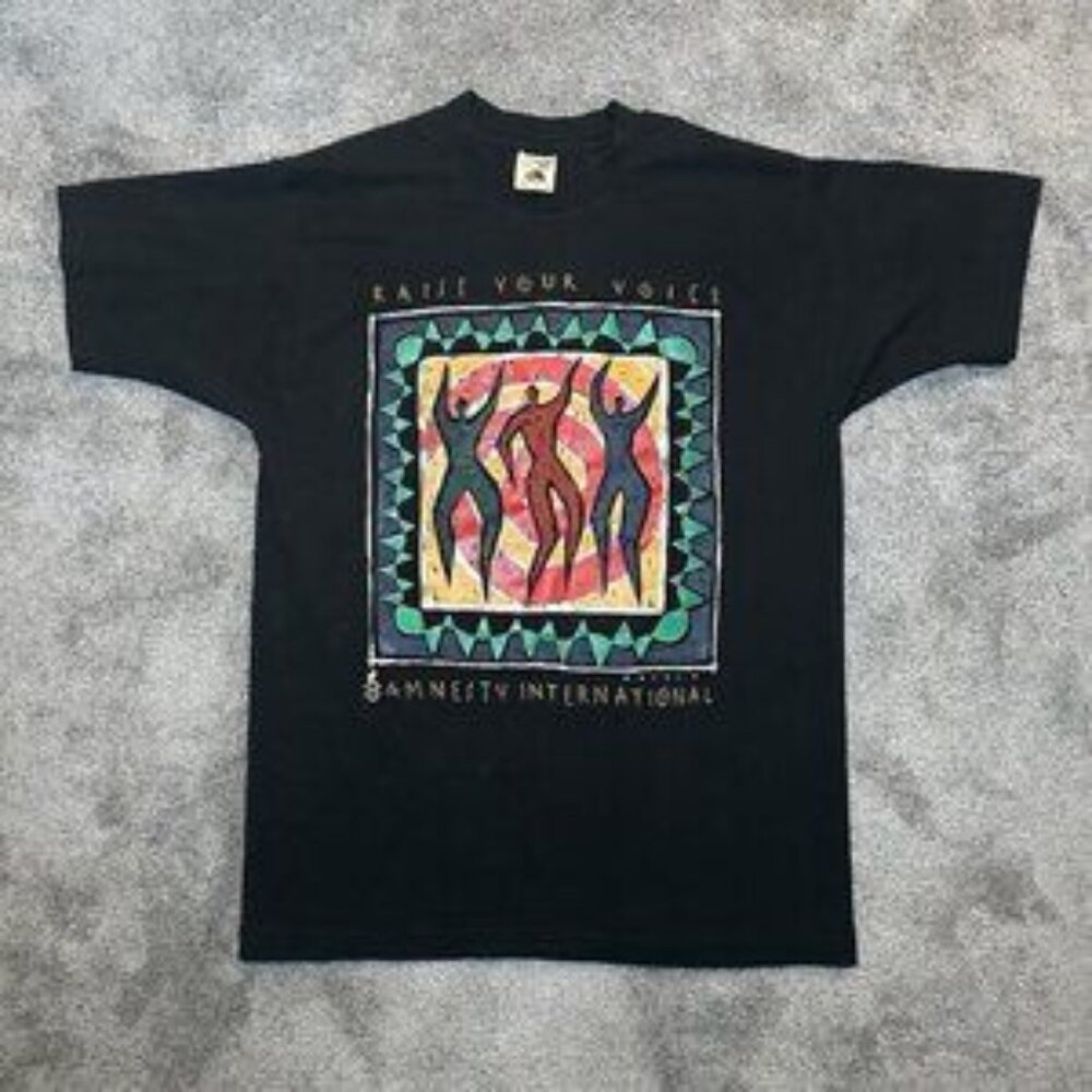 Vintage 80s/90s Amnesty International “Raise Your Voice” Art T Shirt Size Large